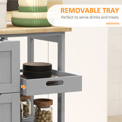 Rolling Kitchen Island Cart, Bar Serving Cart, Compact Trolley on Wheels with Wood Top, Shelves & Drawers, Grey