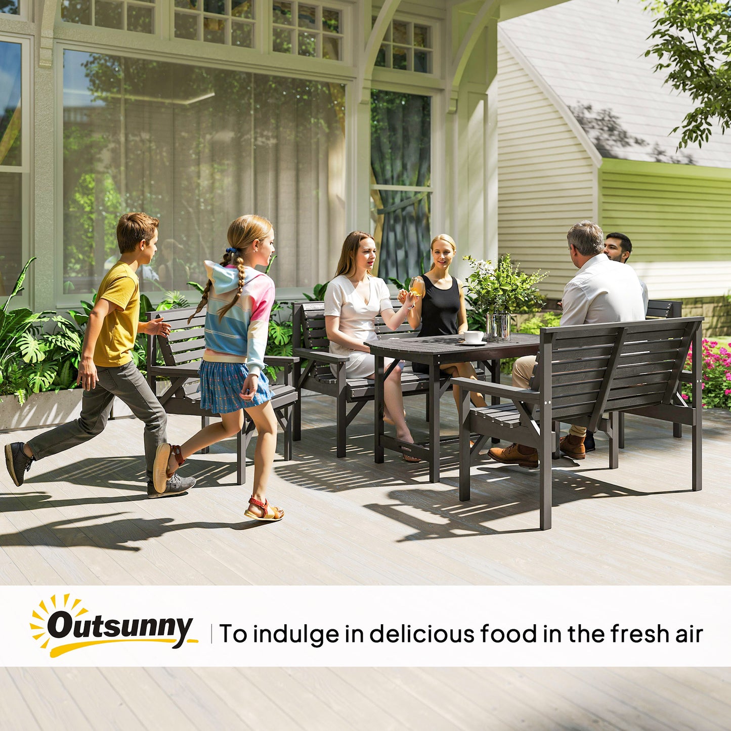5 Piece Wooden Garden Dining Set for 6, Outdoor Conversation Set with 2 Armchairs, 2 Loveseats and Dining Table