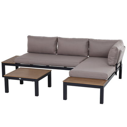 3 Pieces Garden Furniture Set, Aluminium 4 Seater Corner Sofa Set with 2 Loveseats, Black