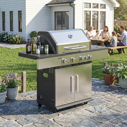 4+1 Burner Gas BBQ Grill, Portable Gas Barbecue Grill with Side Burner, Warming Rack, Side Shelf, Storage Cabinet
