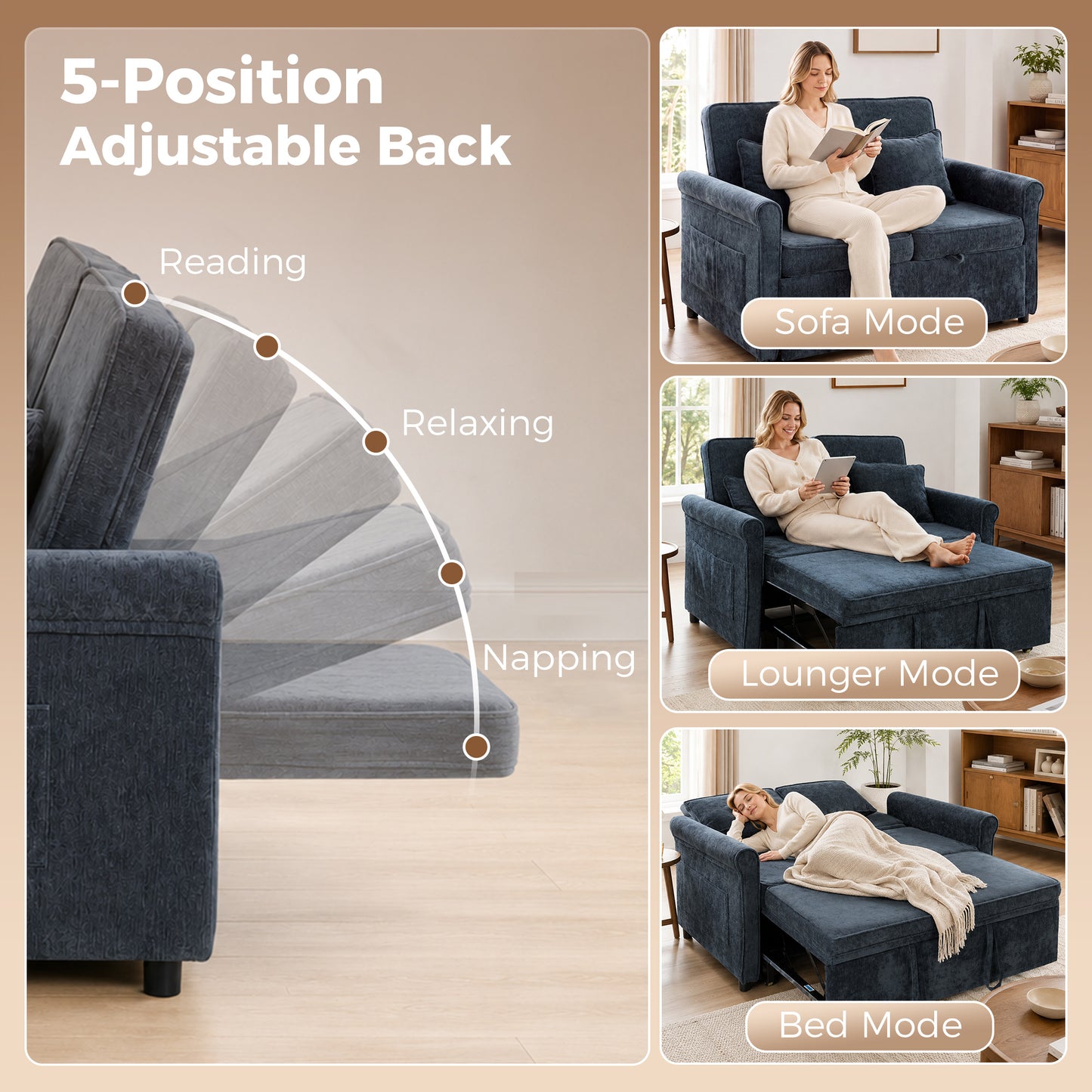 2 Seater Sofa Bed 3-in-1 Convertible Chenille Pull Out Sleeper Sofa with 5-Position Adjustable Backrest, Dark Blue