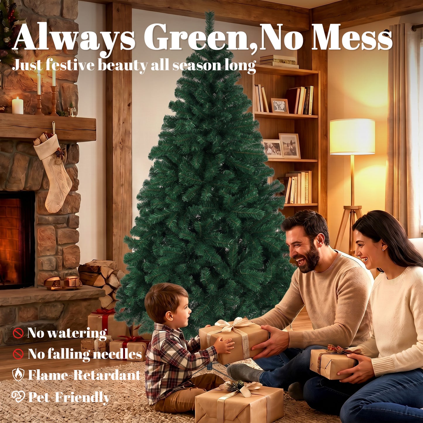 6ft Artificial Christmas Tree, Fir Hinged Xmas Tree with 700 Branch Tips, Foldable Steel Stand, Green