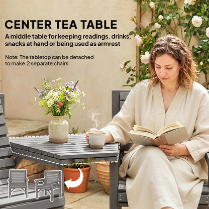 Wooden Garden Bistro Set, 2 Seater Wooden Outdoor Table and Chairs with Parasol Hole for Patio, Light Grey