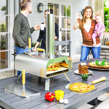 Outdoor Pizza Oven, Portable Wood Pellet Pizza Oven with Pizza Stone and Peel, Foldable Legs, Chimney