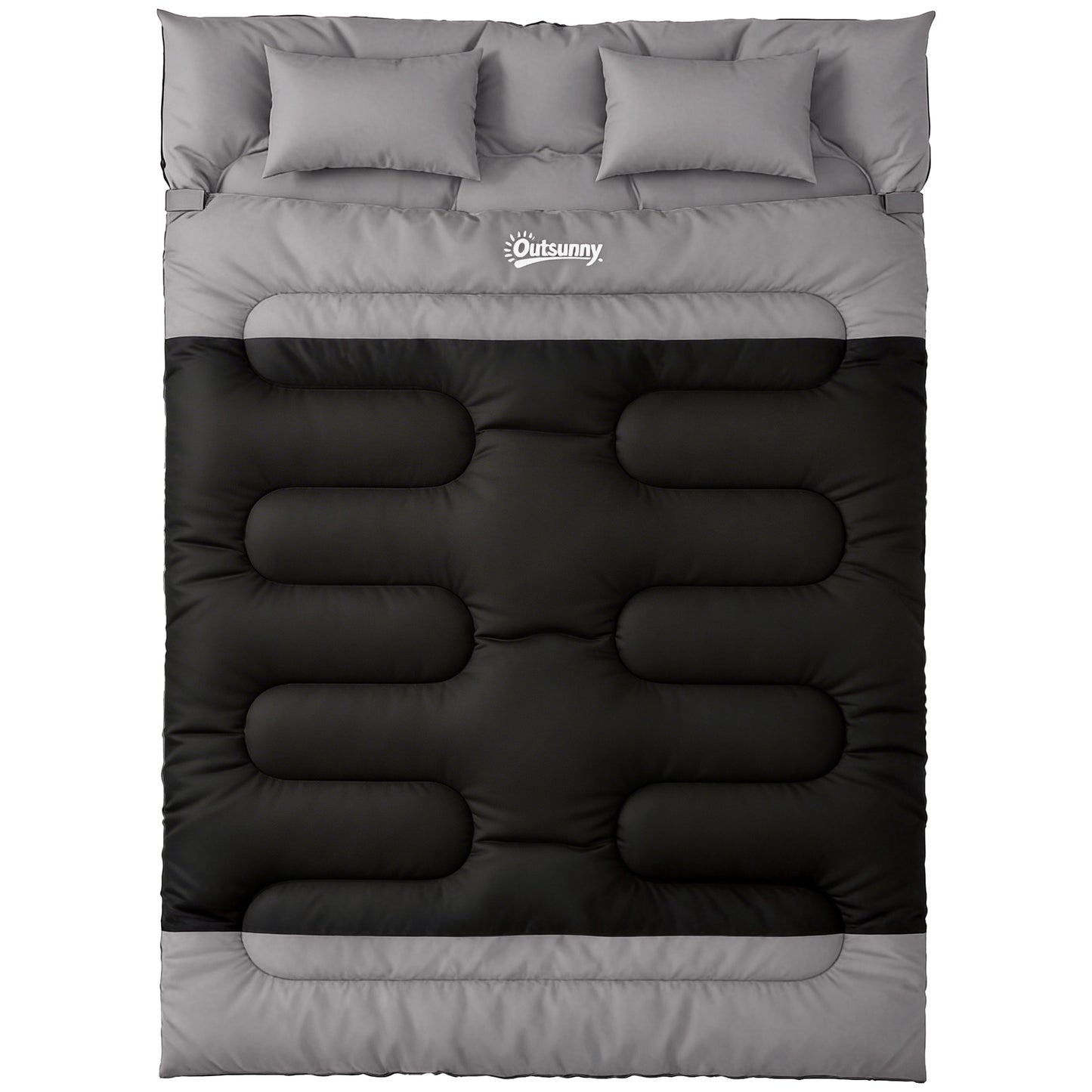Double Sleeping Bag with 2 Pillows, 220 x 160 cm Extra-Large Sleeping Bag for Adults, Black and Grey