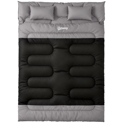 Double Sleeping Bag with 2 Pillows, 220 x 160 cm Extra-Large Sleeping Bag for Adults, Black and Grey