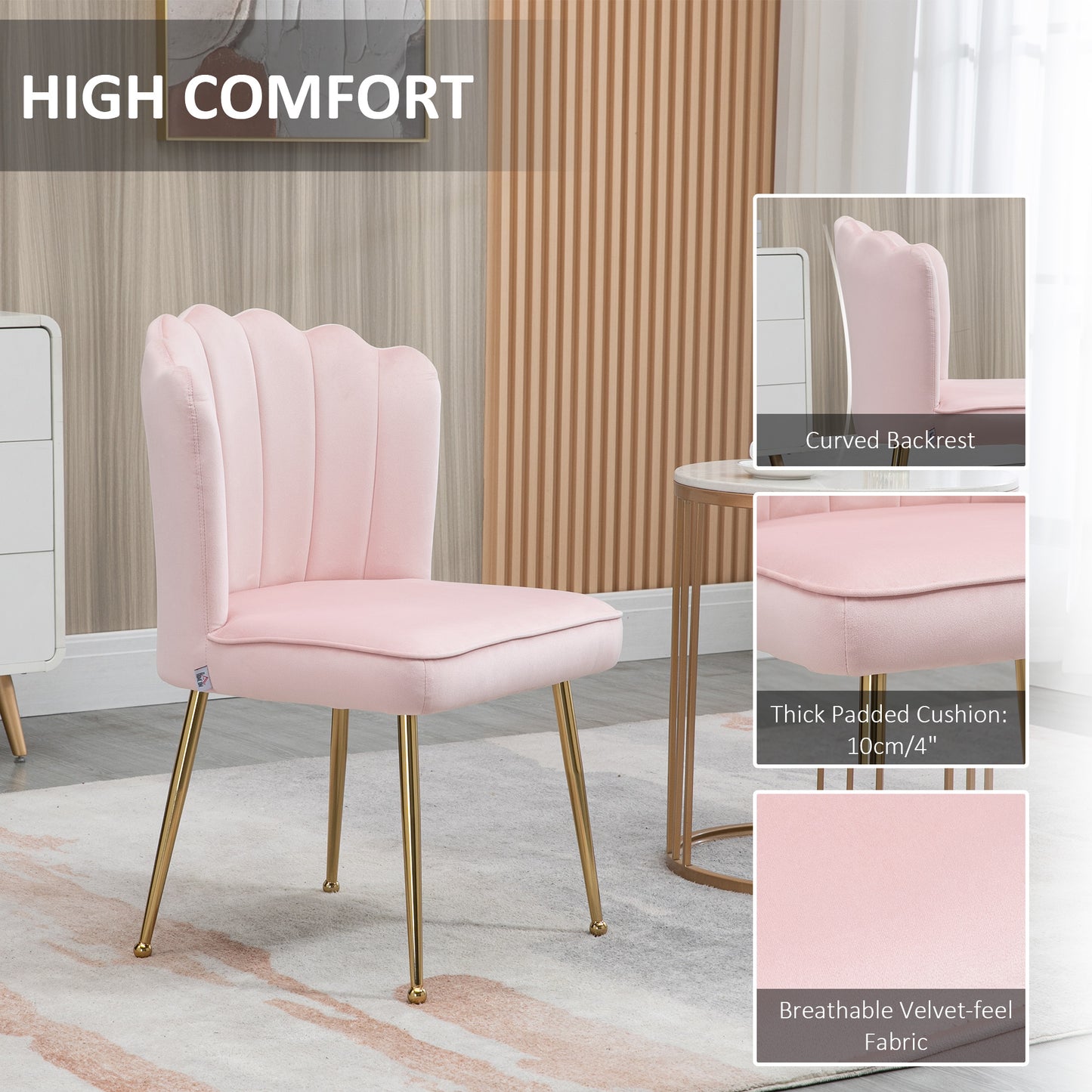 Velvet-Feel Shell Accent Chair with Metal Legs and Comfort Padding - Pink