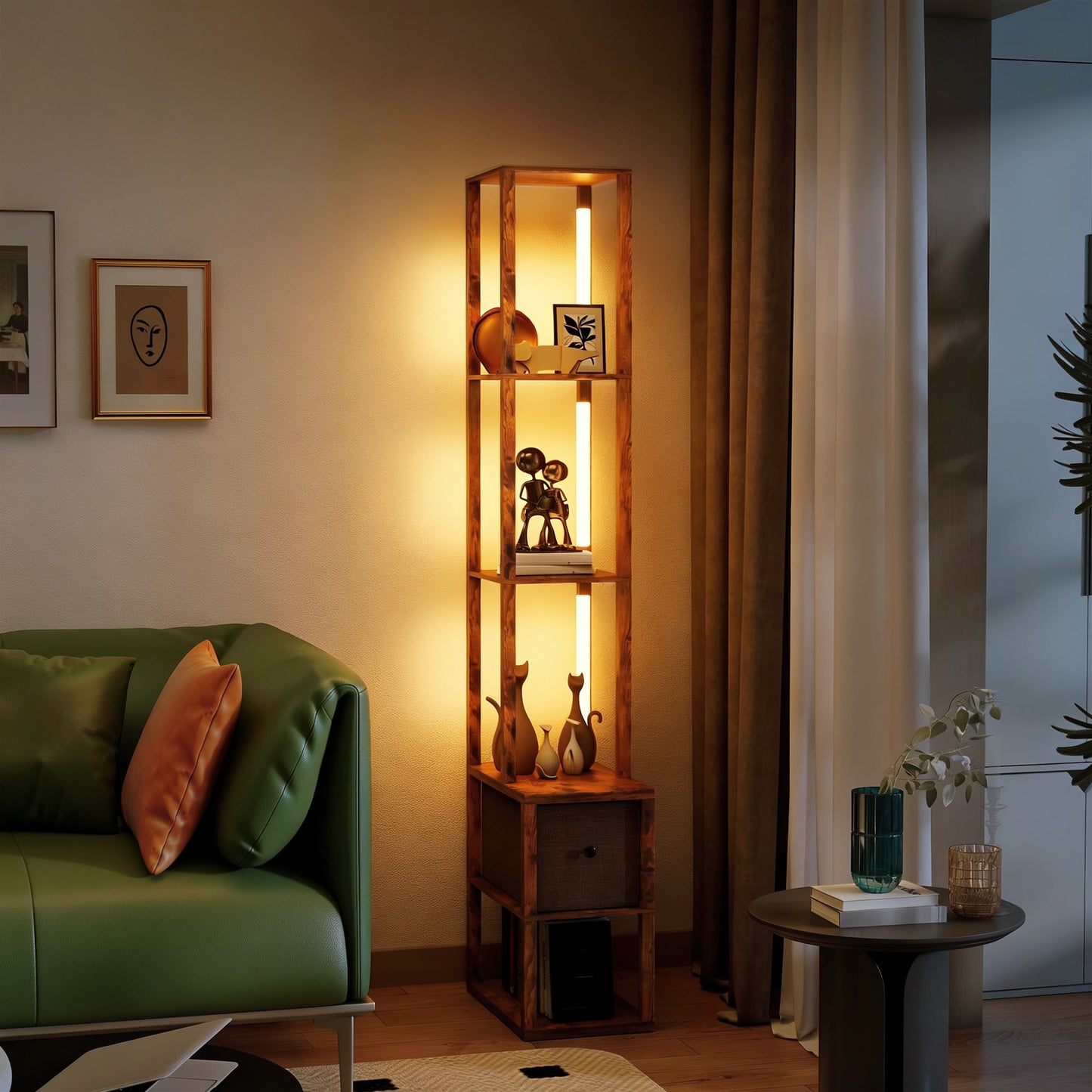 Floor Lamp with Shelves, LED Column Modern Standing Lamp with Fabric Drawer, Adjustable Brightness, Rustic Brown
