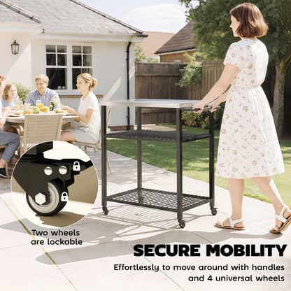 Outdoor Grill Cart with Stainless Steel Tabletop, 3-Tier Pizza Oven Stand with 2 Shelves, 6 Hooks, Wheels, Black