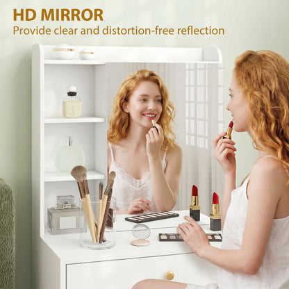 Dressing Table with Mirror and Mobile Storage Stool, Compact Vanity Table with Cabinet, Drawers, Open Shelves, White
