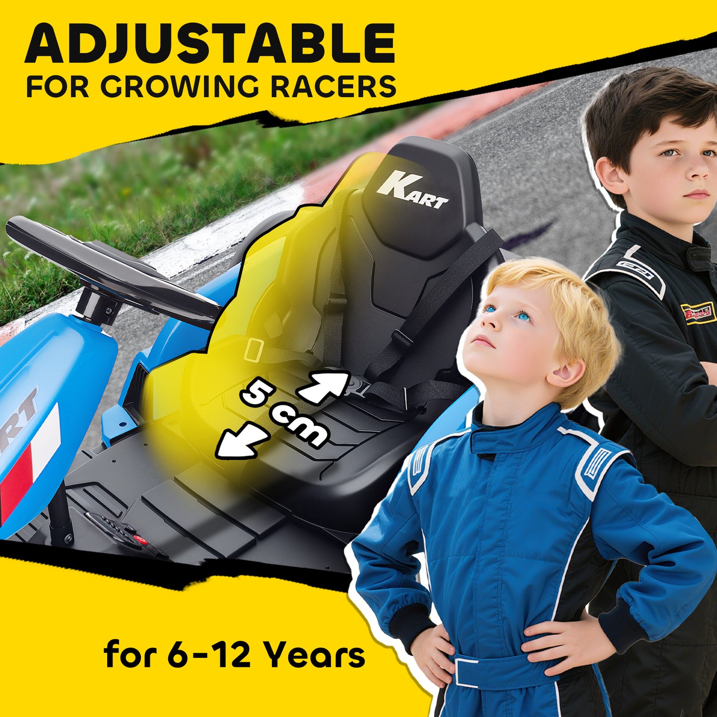 24V Electric Go Kart, Drift Kart with Adjustable Seat, Slow Start, 5-Point Harness, Music, for 6-12 Years, Blue
