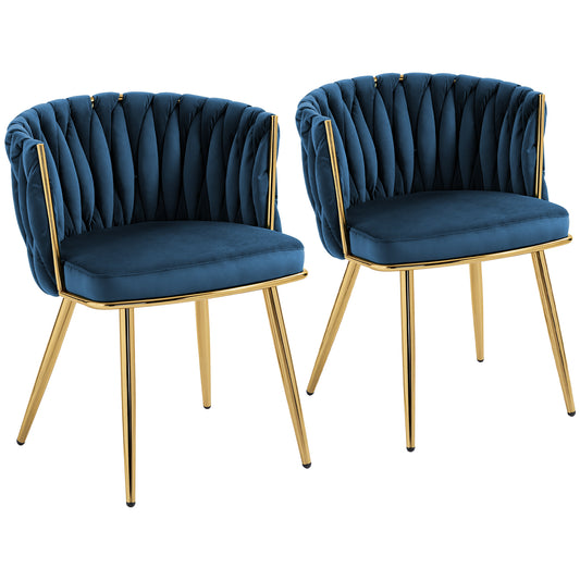 Velvet-Feel Dining Chairs Set of 2, Modern Upholstered Armchair with Knot Design and Golden Metal Legs