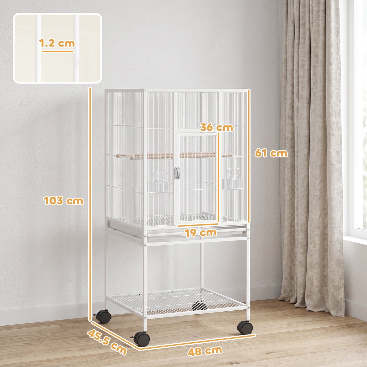 Bird Cage Detachable with Rolling Stand Parrot Cage with Storage Shelf White