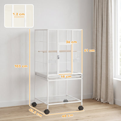 Bird Cage Detachable with Rolling Stand Parrot Cage with Storage Shelf White