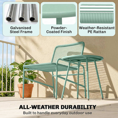 3 Piece Rattan Bistro Set, Outdoor Garden Furniture Set with 2 Chairs, Round Coffee Table for Patio, Balcony, Green