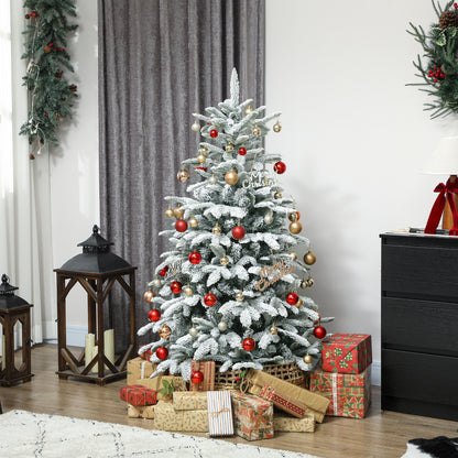 5 ft Artificial Flocked Christmas Tree with 717 Branches, Hinged Xmas Tree with Foldable Metal Stand
