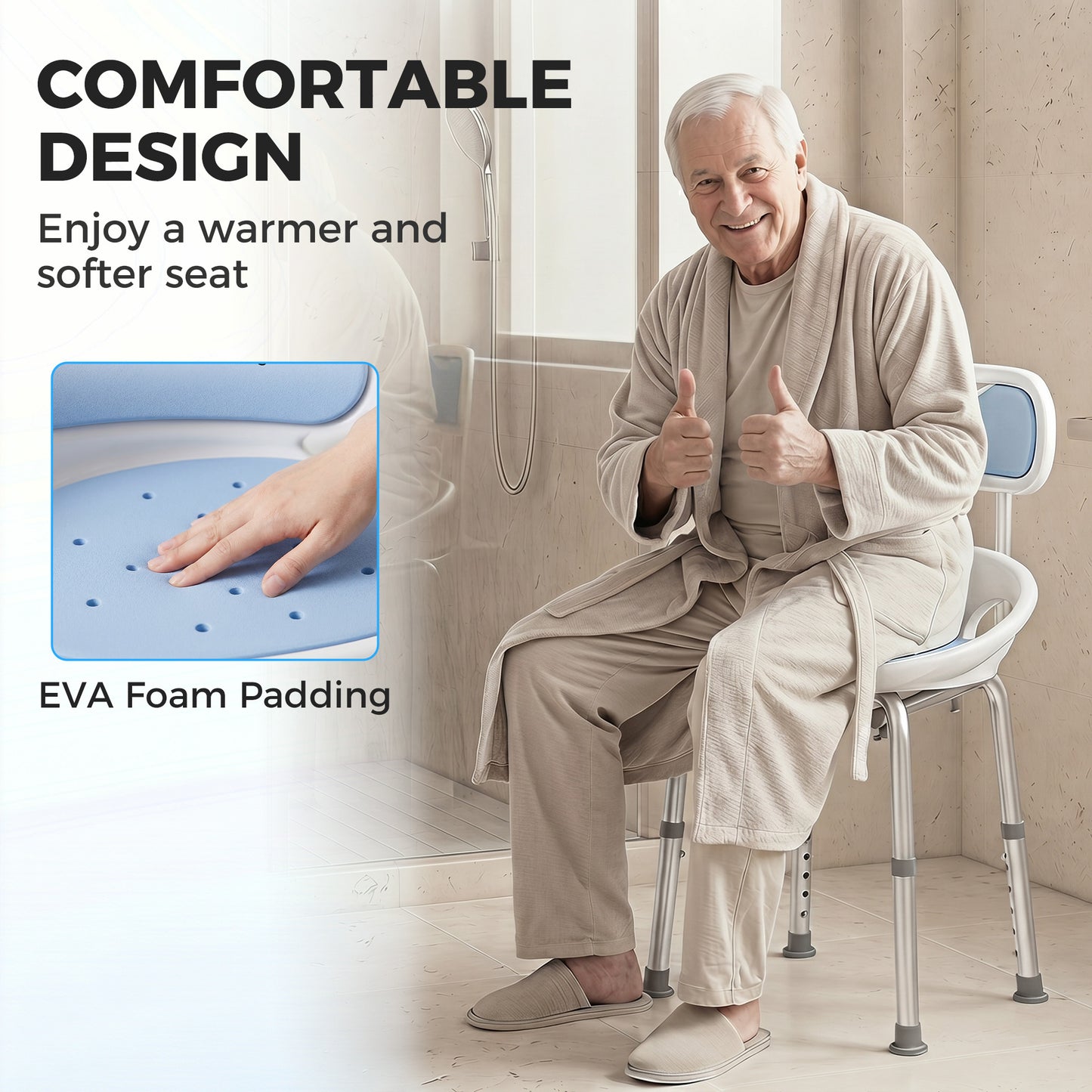 Shower Chair with Padded Seat Adjustable Height Shower Stool Bath Seat with Back and Anti-Slip Feet