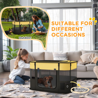 Foldable Dog Pen with Storage Bag for Indoor/Outdoor Use, Portable Pet playpen, with Ground Stakes - Yellow