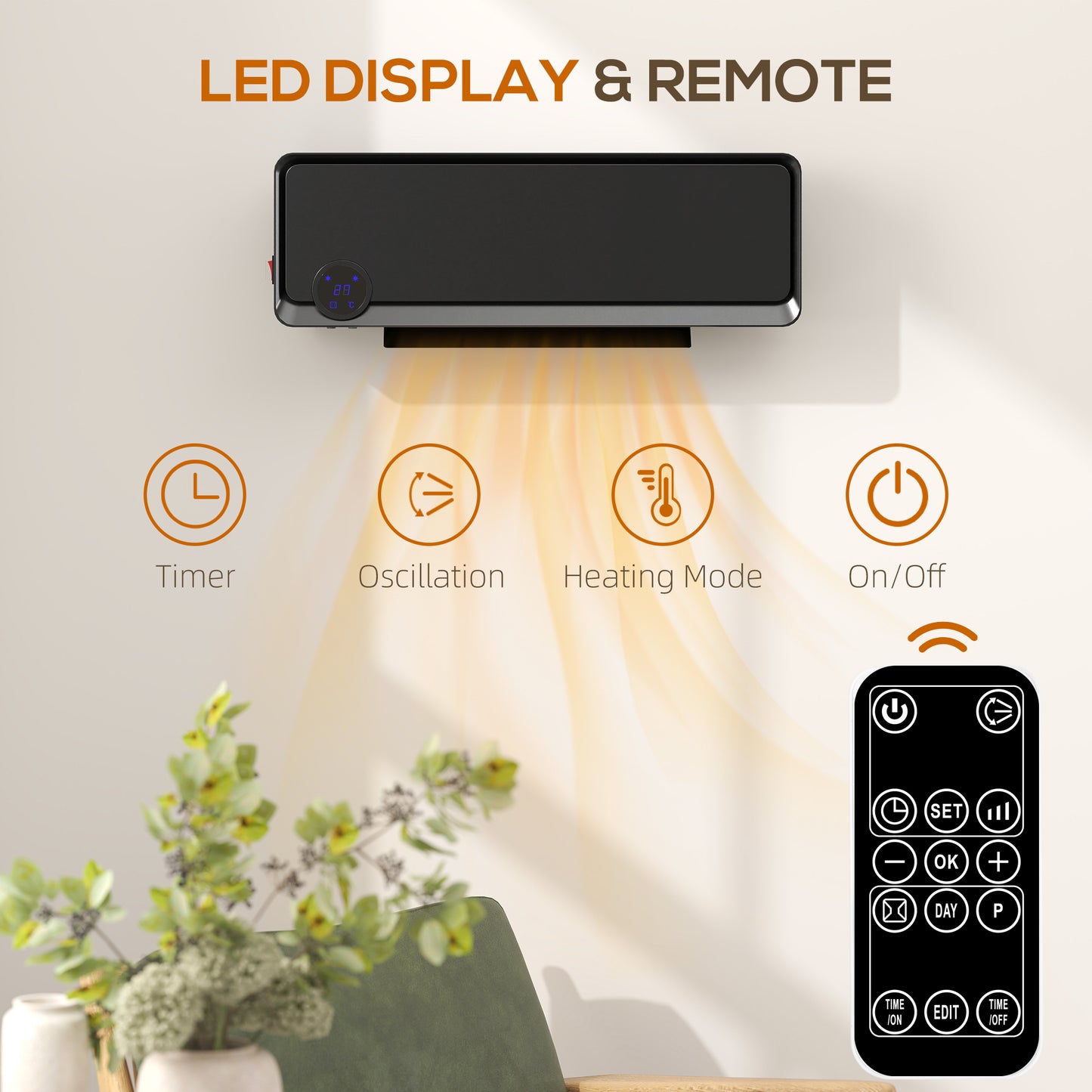Wall Downflow Heater 2 Heat and Fan 1000W/2000W, Electric Space Heater with Timer Remote Oscillating