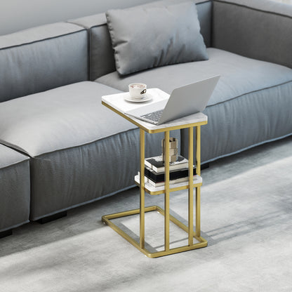 C-Shaped Narrow Side Table, 2-Tier Slim End Table, Nightstand for Small Spaces, Living Room, Bedroom, White Marble Grain