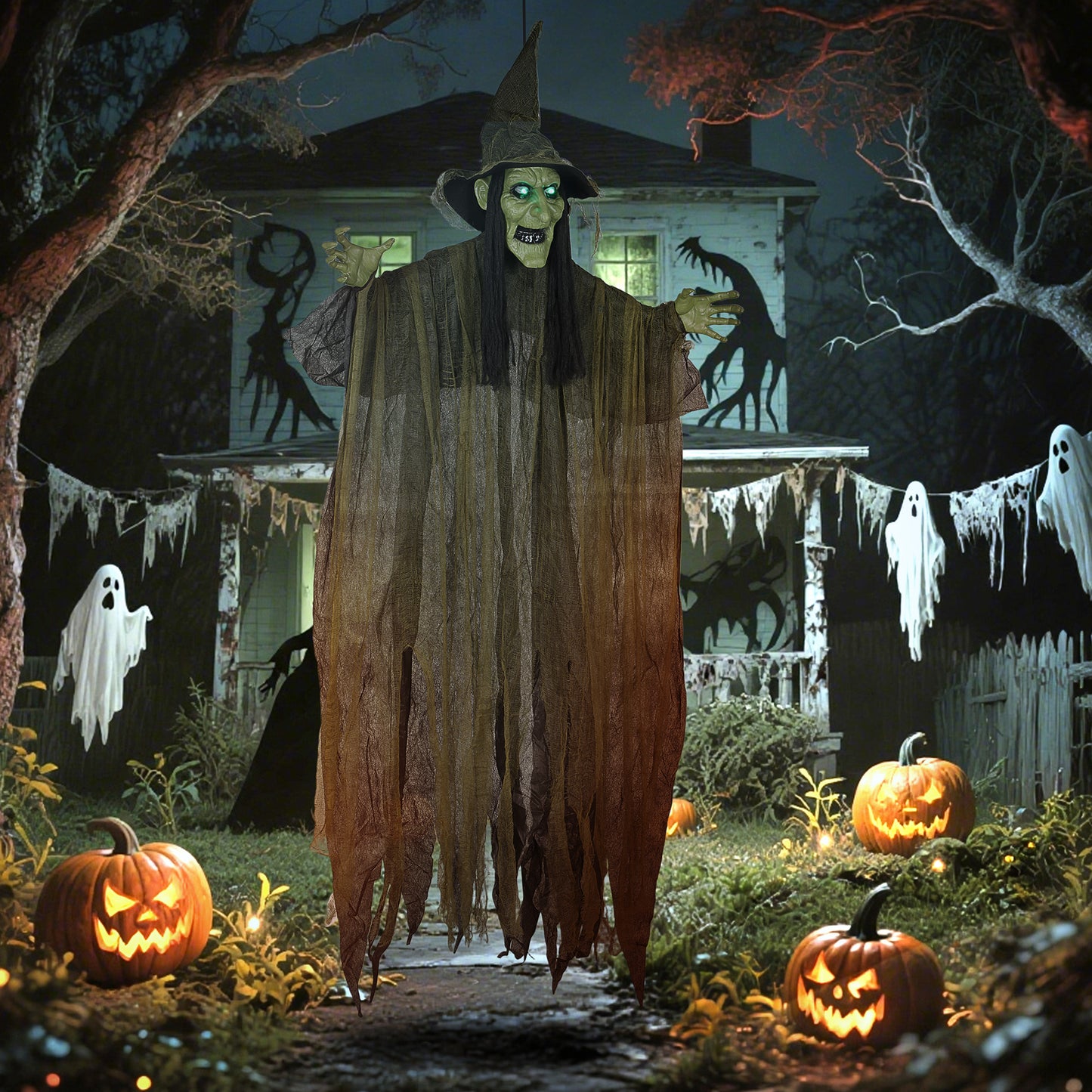 170 cm Life Size Hanging Halloween Animated Witch with Glowing LED Eyes, Spooky Witch Scary Halloween Decorations