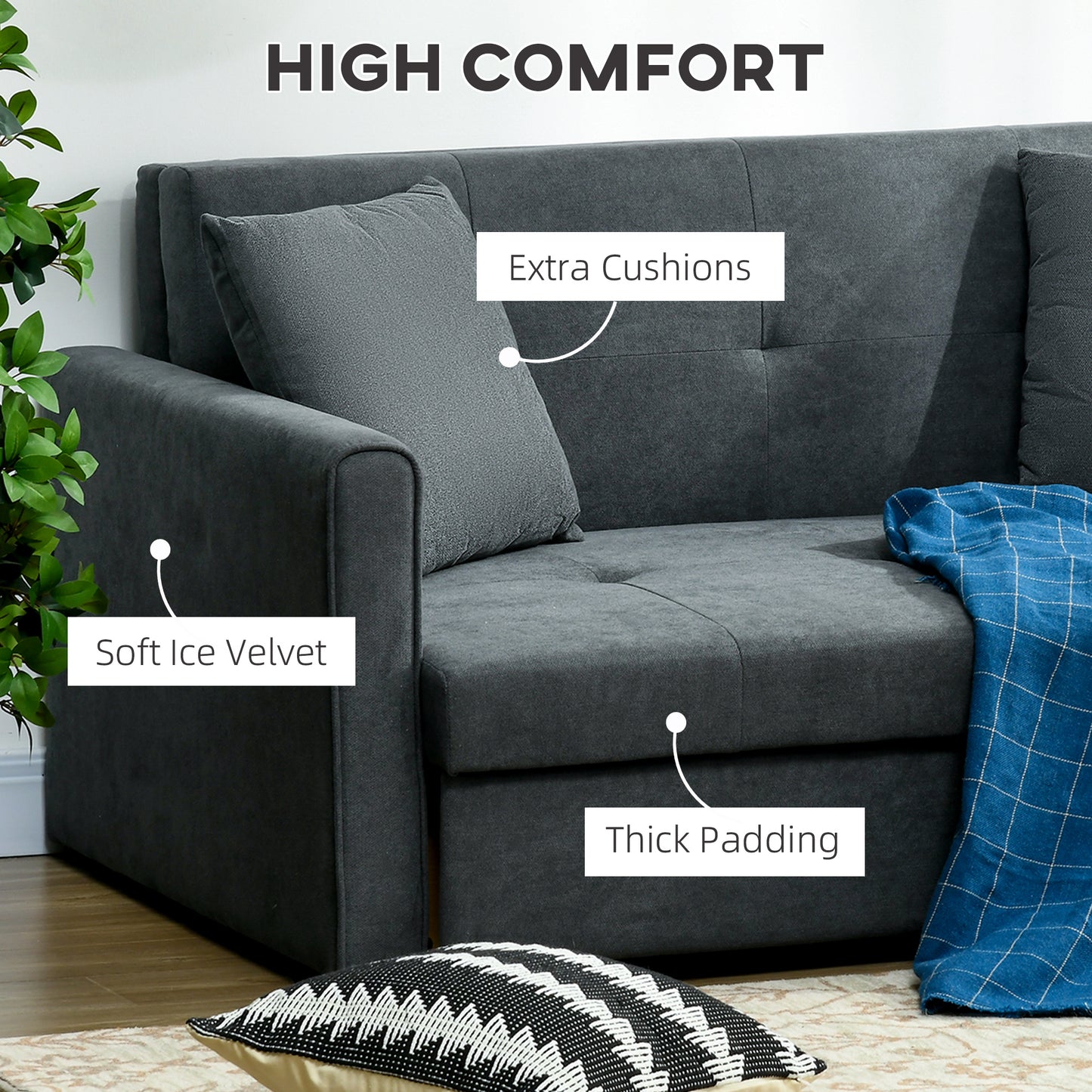 2 Seater Sofa Bed with Hidden Storage, Pull Out Convertible Bed Settee