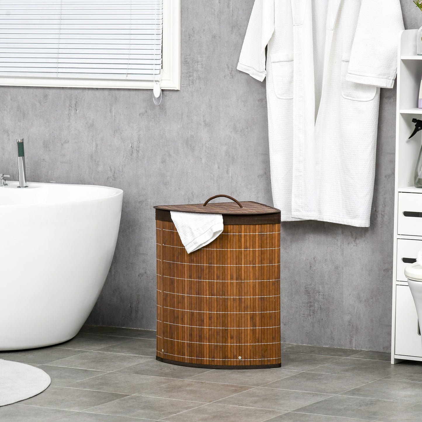 Bamboo Laundry Basket with Lid, 55 Litres Laundry Hamper with Removable Washable Lining, Corner Washing Baskets
