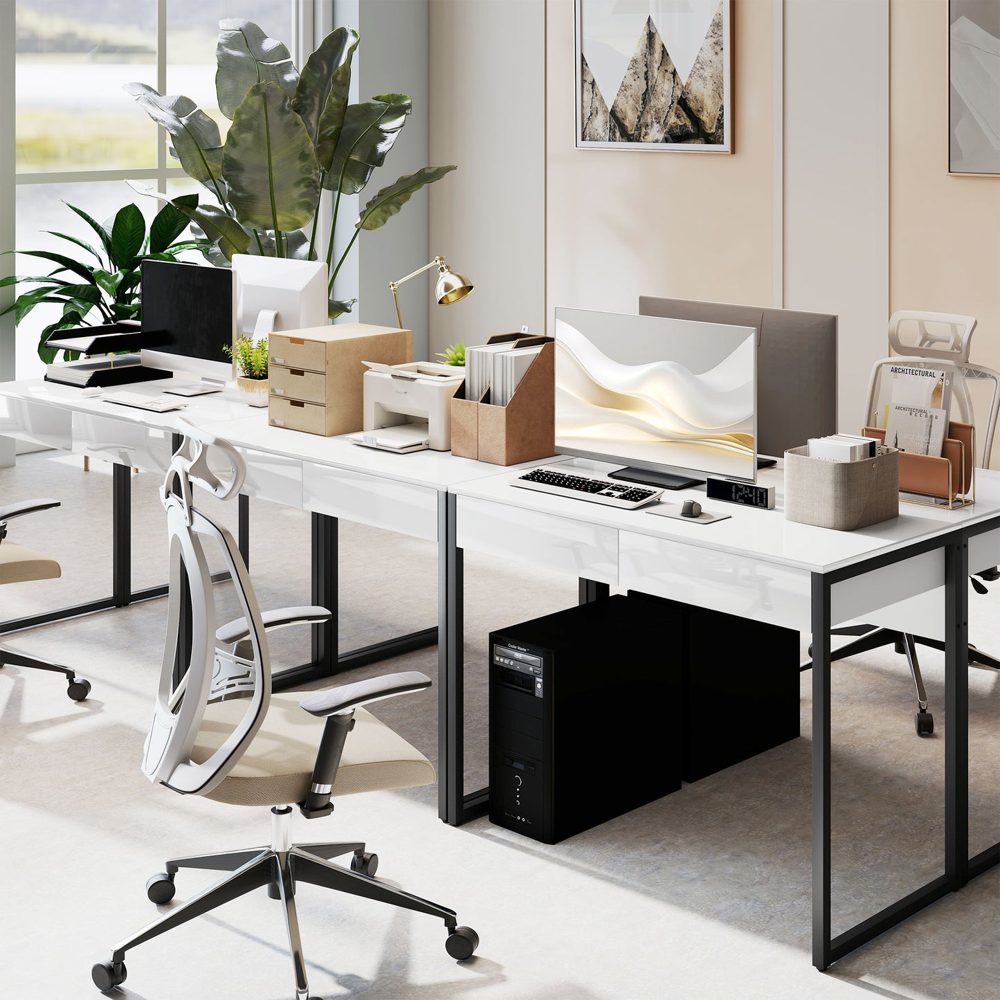 High Gloss Work Table, with Drawers - White