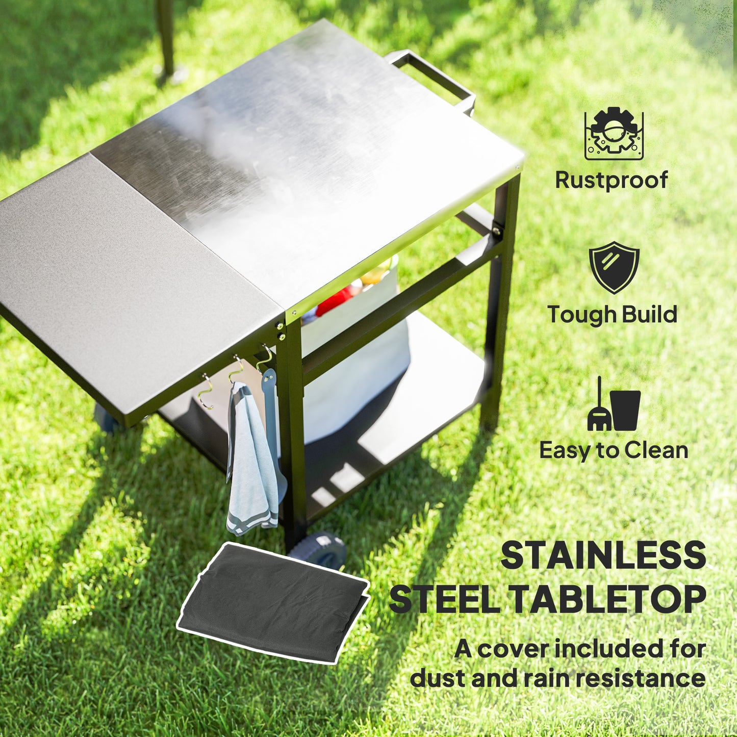 BBQ Trolley with Stainless Steel Top and Foldable Side Table, Outdoor Kitchen Barbecue Station with Hooks and Shelf