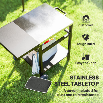 BBQ Trolley with Stainless Steel Top and Foldable Side Table, Outdoor Kitchen Barbecue Station with Hooks and Shelf