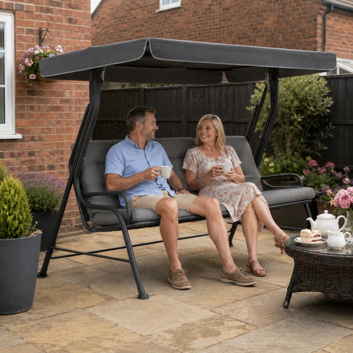 3-Seater Garden Swing Seat, Outdoor Swing Chair with Adjustable Waterproof Canopy, Light Grey