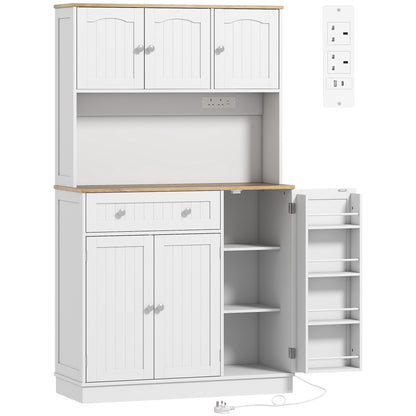 173 cm Tall Kitchen Cupboard with Charging Station, Pantry Storage Cabinet with Adjustable Shelves and 4 Door Racks