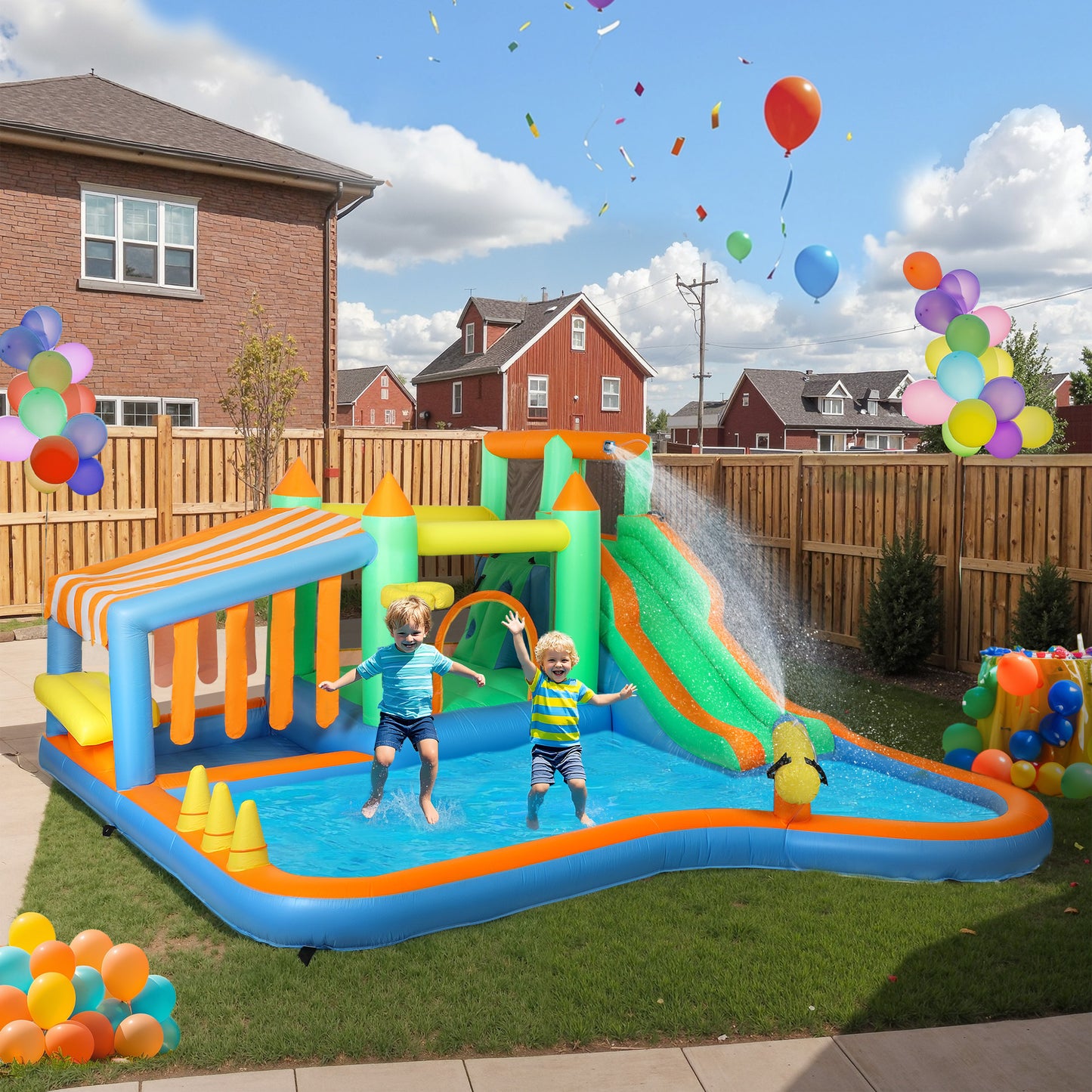 8 in 1 Inflatable Bounce House with 550W Blower, Slide, 2 Pools, Basketball Hoop, Climbing Wall, Water Gun, Ring Toss