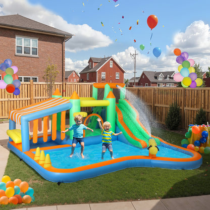 8 in 1 Inflatable Bounce House with 550W Blower, Slide, 2 Pools, Basketball Hoop, Climbing Wall, Water Gun, Ring Toss