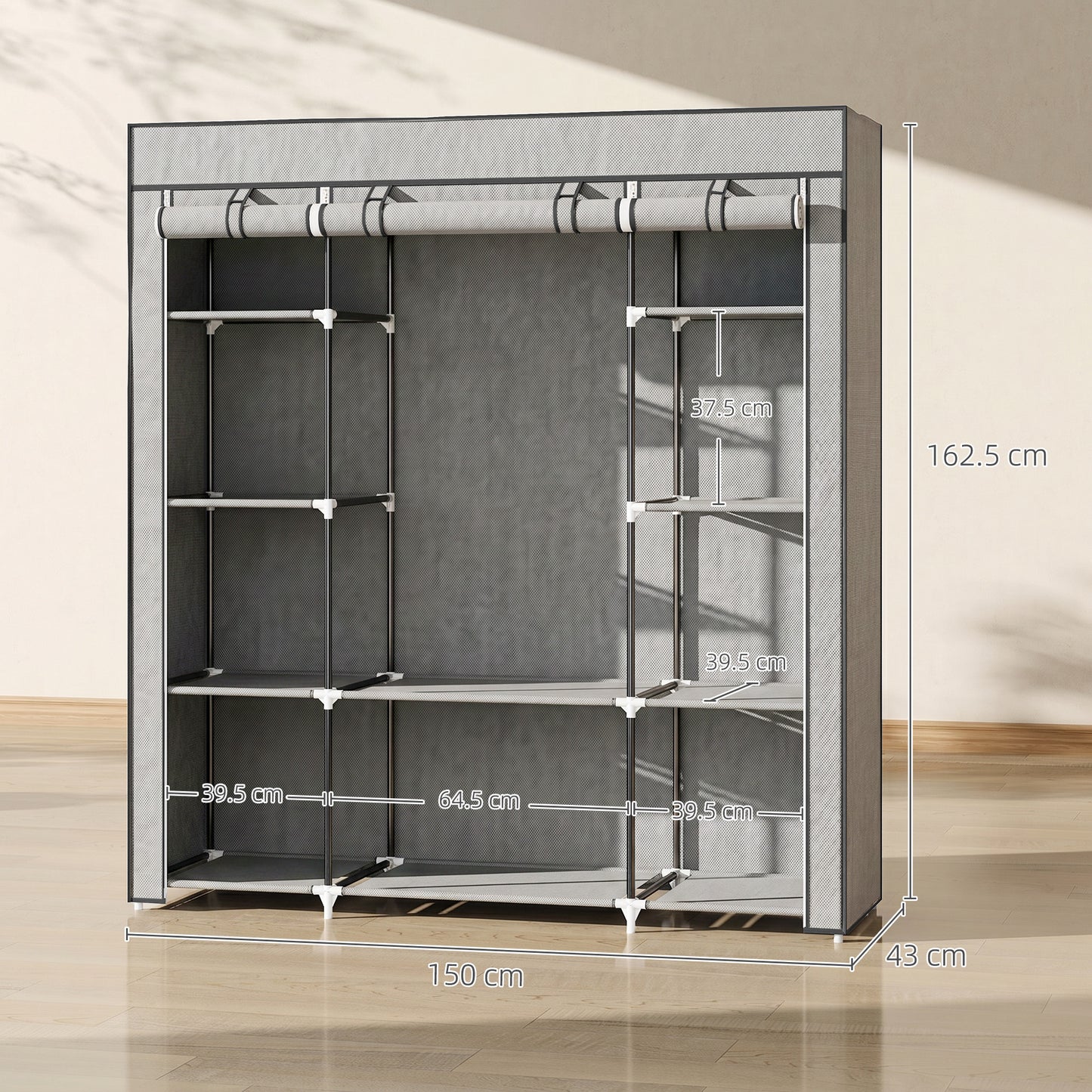 Clothes Storage Organiser with Hanging Rail, Shelves, Portable Wardrobe, Foldable Fabric Wardrobe, Light Grey