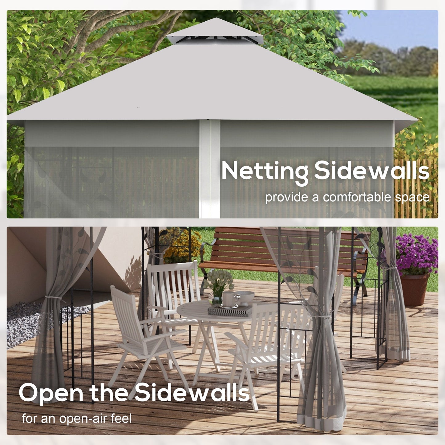 3 x 3m Steel Frame Double Roof Garden Gazebo - Light Grey