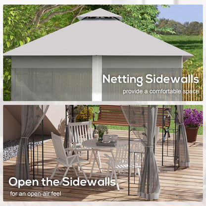 3 x 3m Steel Frame Double Roof Garden Gazebo - Light Grey