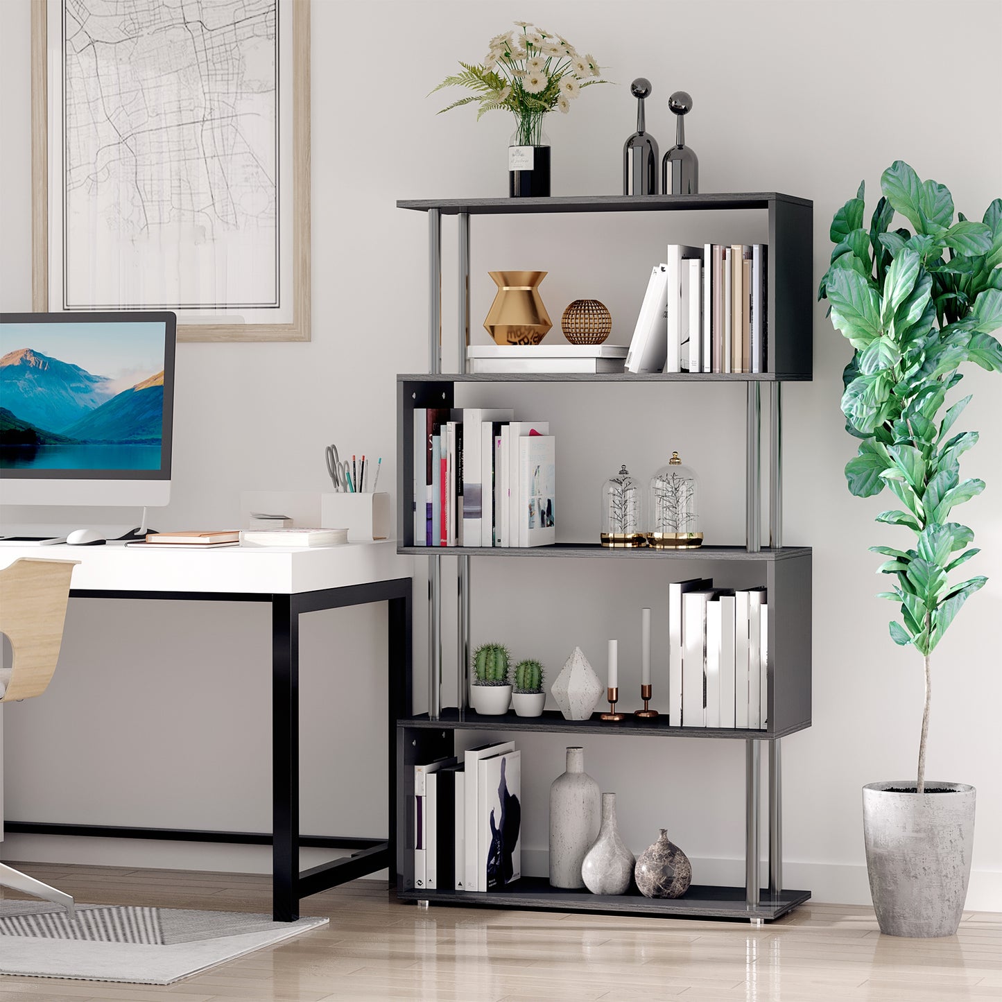 S Shape Bookcase, 5 Tiers Bookshelf, Modern Freestanding Storage Shelf for Home Office, Study, Living Room