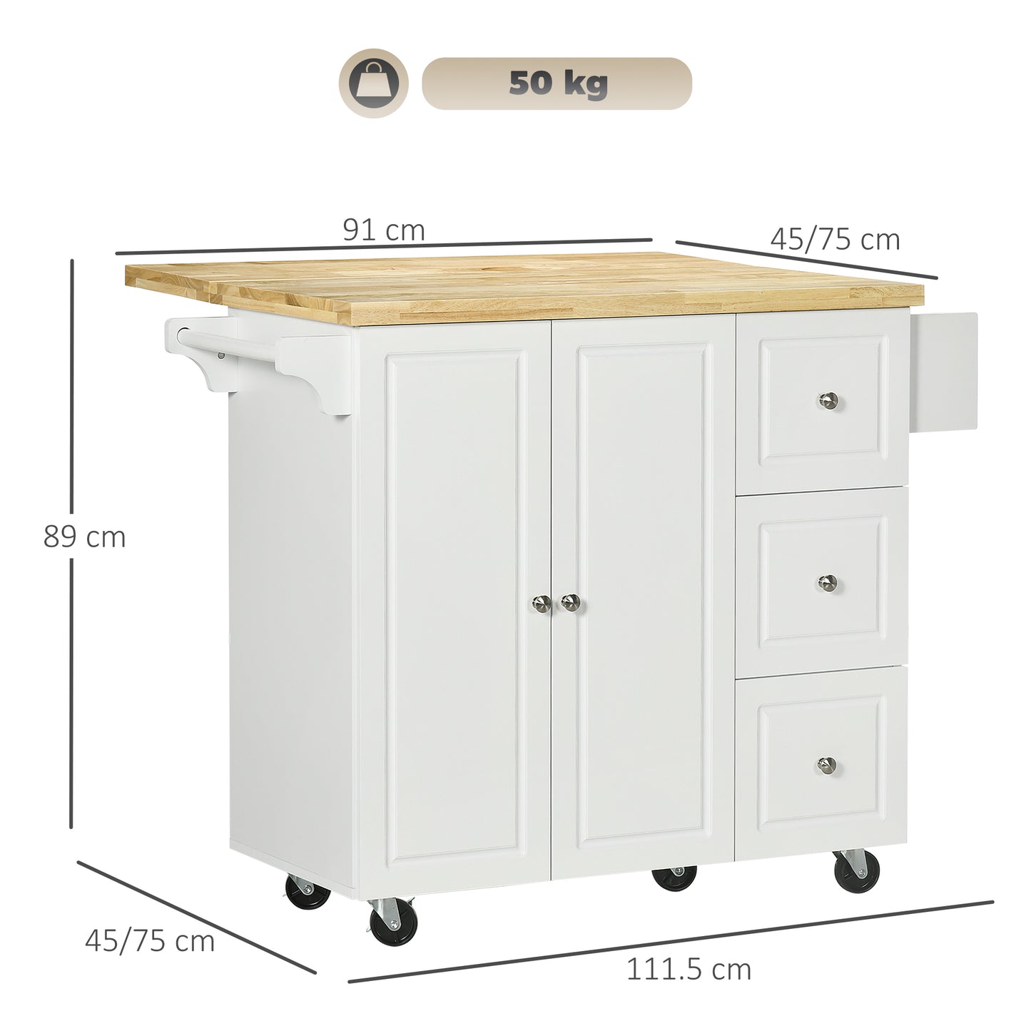 Kitchen Island on Wheels, Rolling Kitchen Storage Trolley with Drop Leaf, Drawers, Towel and Spice Rack, White