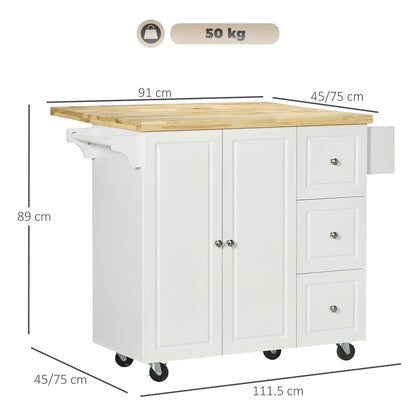 Kitchen Island on Wheels, Rolling Kitchen Storage Trolley with Drop Leaf, Drawers, Towel and Spice Rack, White