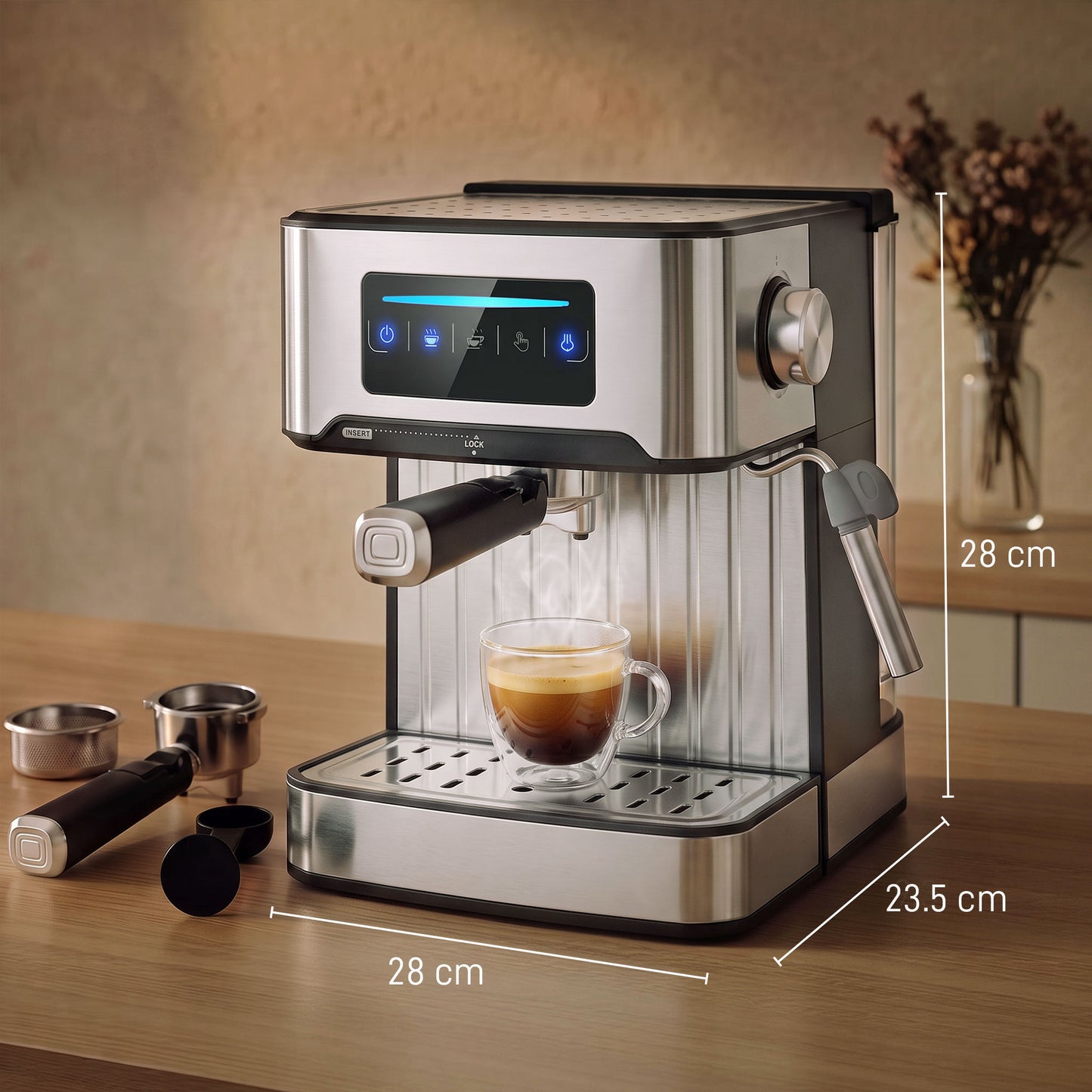 Espresso Machine, 20-Bar Cappuccino Coffee Maker with Frother Wand, 1.6L Tank, Single/Double/Manual Shot, LED Touch