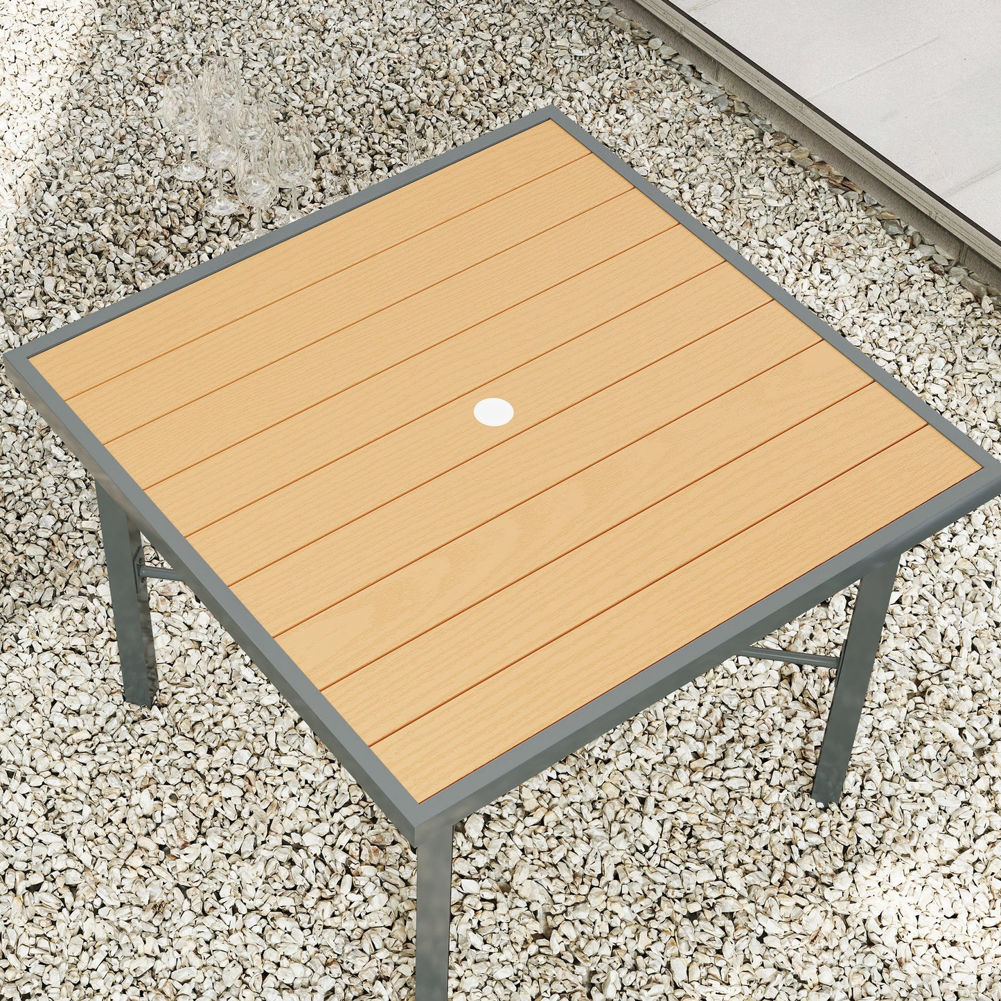 Garden Table for 4, 90 cm Rectangular Outdoor Dining Table with 4.2 cm Umbrella Hole, Wood Effect Top, Rust Resistant Frame