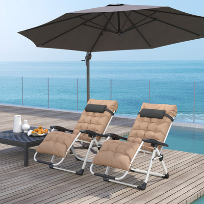 2 Piece Reclining Zero Gravity Sun Loungers with Cushions, Khaki