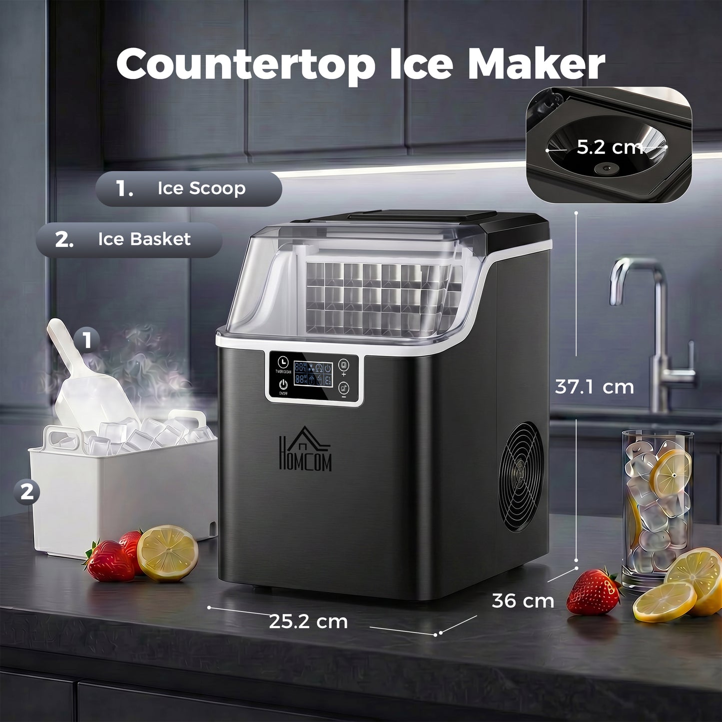 3.2L Compact Ice Machine, with LCD Screen and Accessories - Black