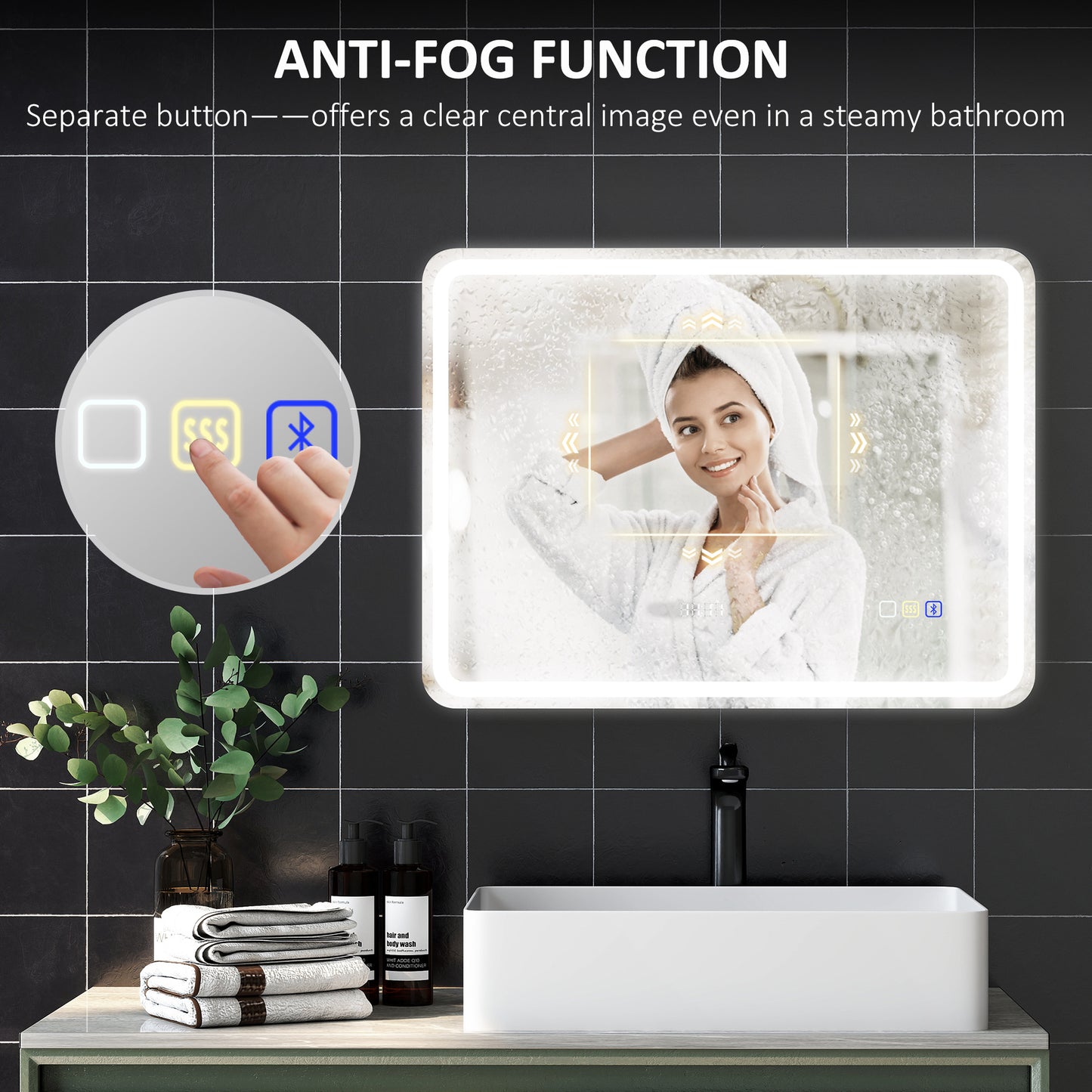80 x 60 cm Bluetooth Bathroom Mirror - Silver-Tone