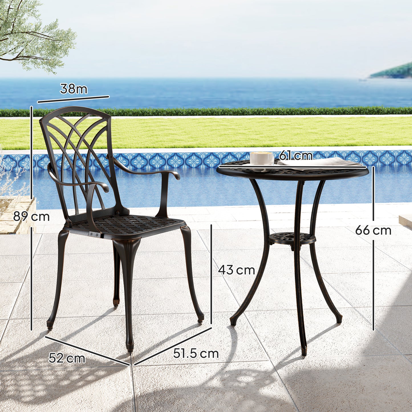 3 Pieces Garden Dining Set for 2, Cast Aluminium Outdoor Dining Set with 2 Armchairs and Round Dining Table with Parasol Hole