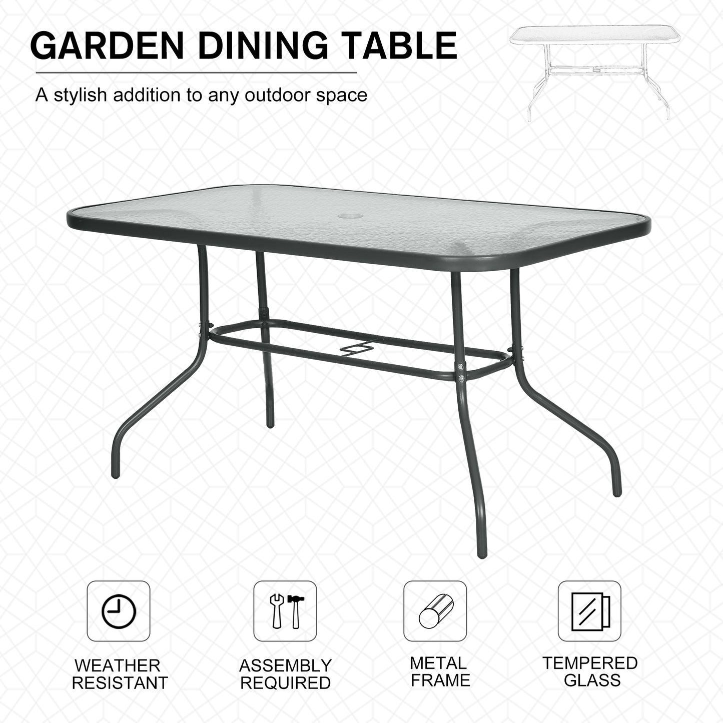 Garden Dining Table Glass Top Metal Frame with Parasol Hole Outdoor Balcony Grey 140L x 80Wcm