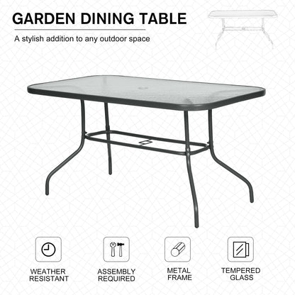 Garden Dining Table Glass Top Metal Frame with Parasol Hole Outdoor Balcony Grey 140L x 80Wcm