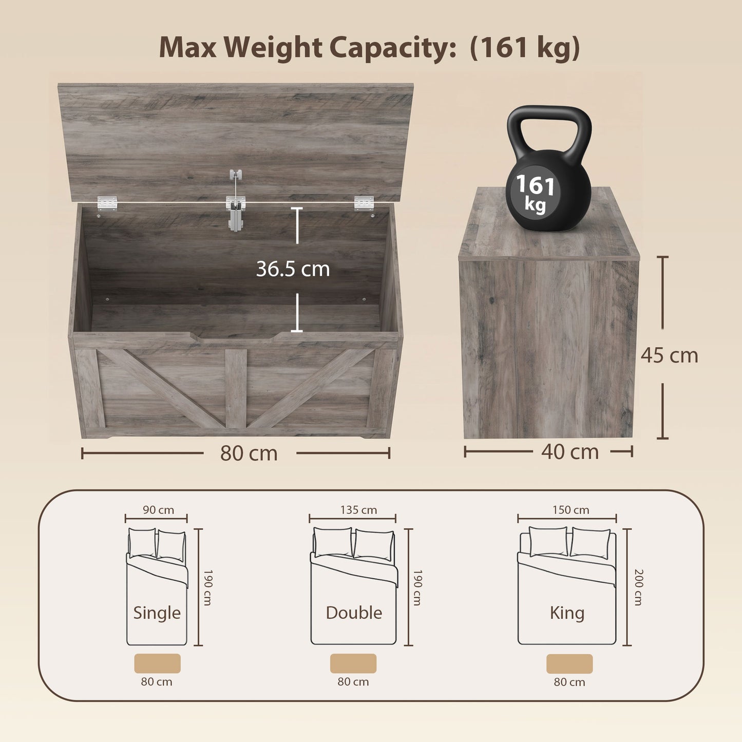 100L Home Storage Box, with Safety Hinge - Grey Wood-Effect