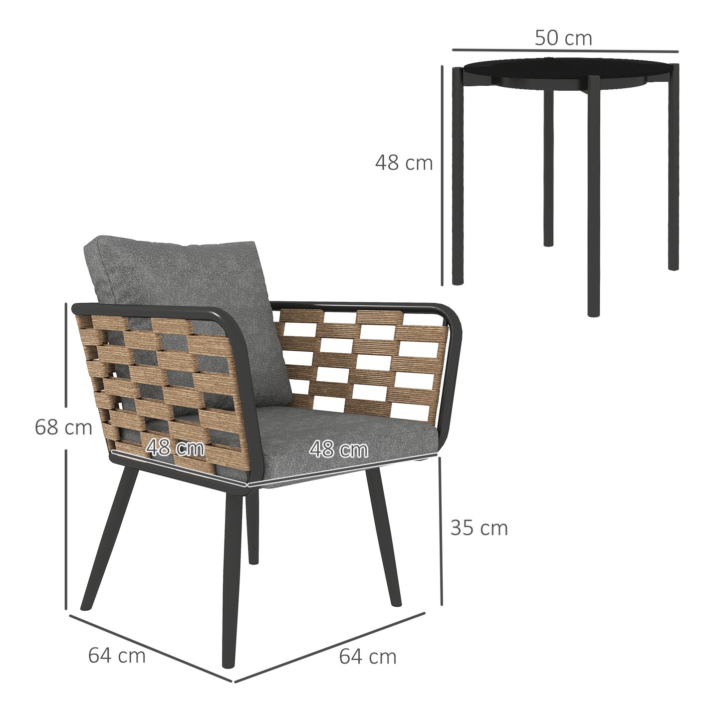 3 Pieces Rattan Bistro Set with Washable Seat and Back Cushions, Glass Top Coffee Table, for Outdoor, Patio, Black